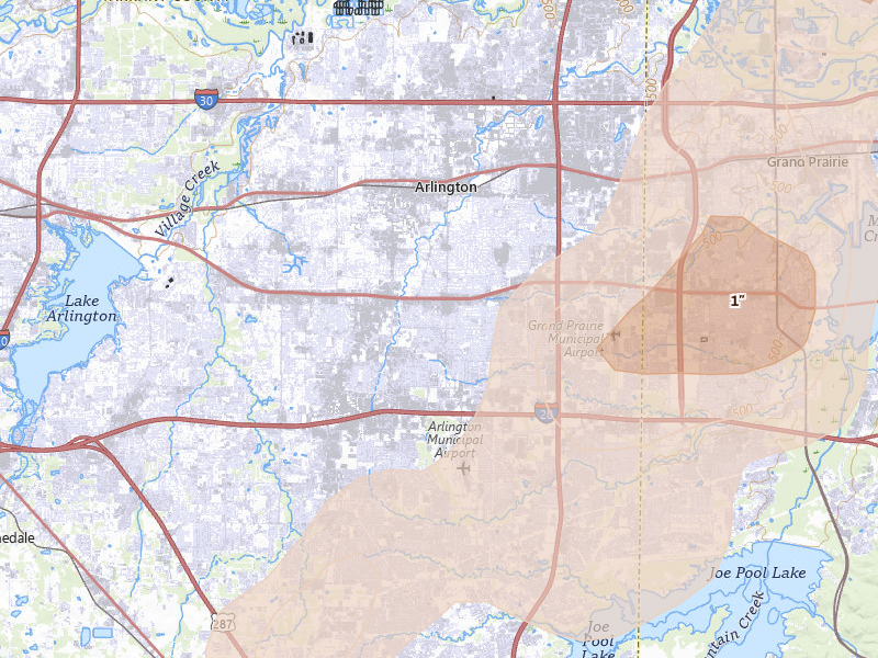 Radar-estimated hail-size map of the storm over Arlington, TX on Jun 2, 2026