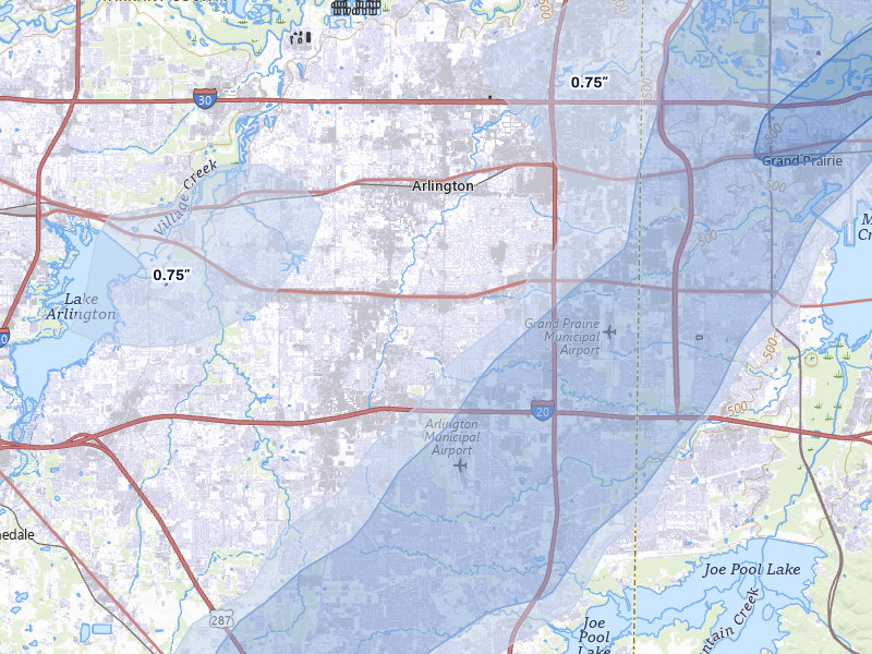 NEXRAD radar-signature map of the hail over Arlington, TX