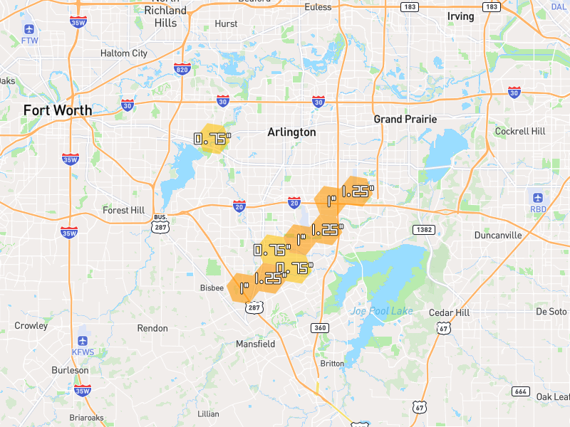 Hail map of Arlington, TX on Jun 2, 2026, hail up to 1.25"