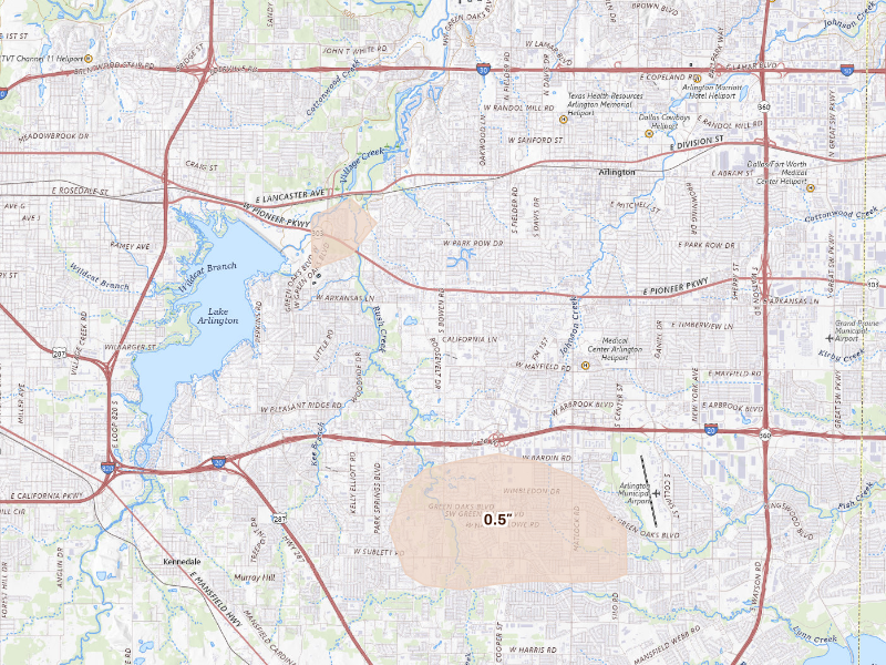 Radar-estimated hail-size map of the storm over Arlington, TX