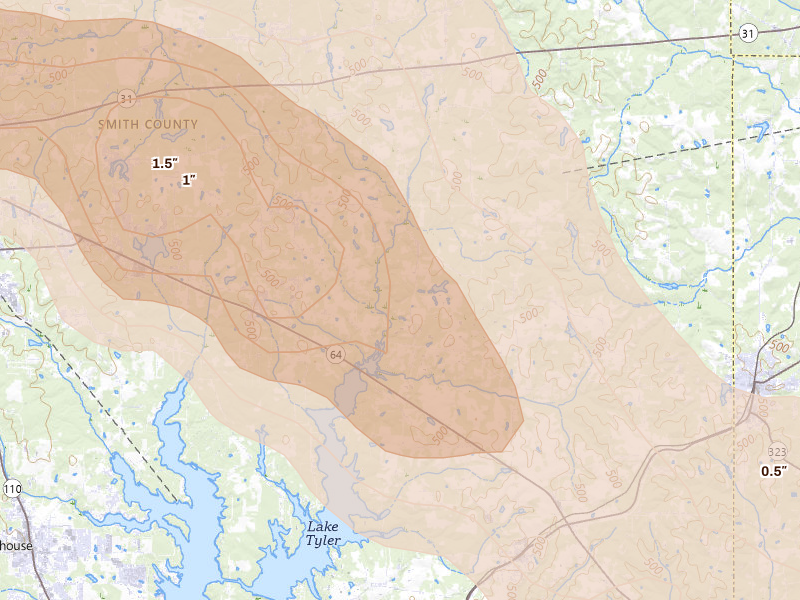 Radar-estimated hail-size map of the storm over Arp, TX on Mar 15, 2026