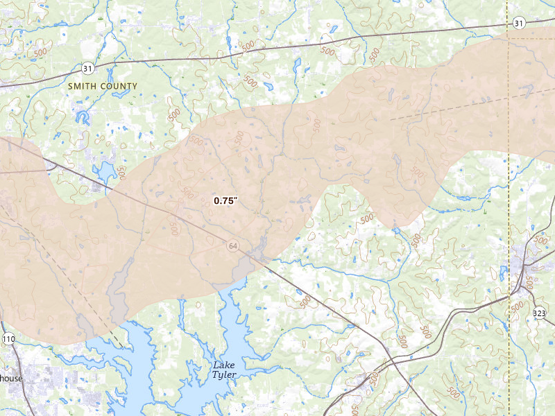 Radar-estimated hail-size map of the storm over Arp, TX on Apr 18, 2026