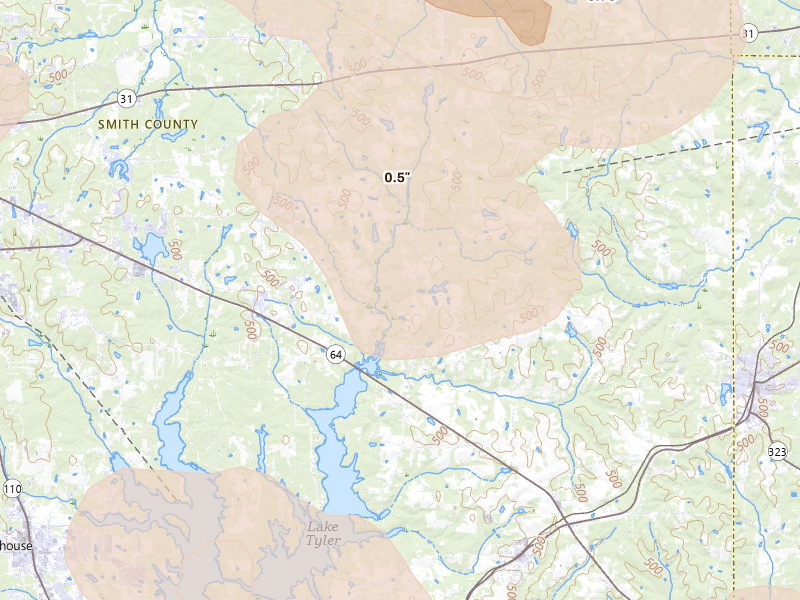 Radar-estimated hail-size map of the storm over Arp, TX on Apr 24, 2026