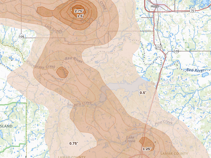 Radar-estimated hail-size map of the storm over Arthur City, TX on Apr 24, 2026
