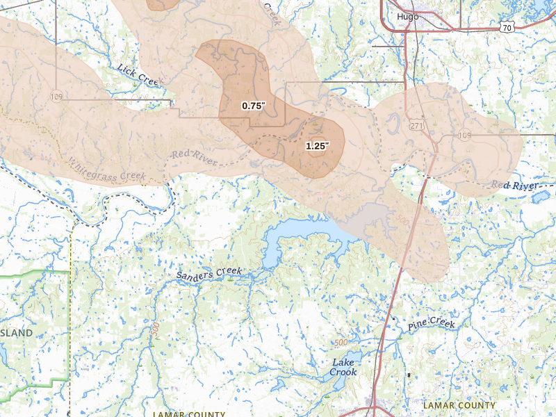 Radar-estimated hail-size map of the storm over Arthur City, TX on Apr 25, 2026