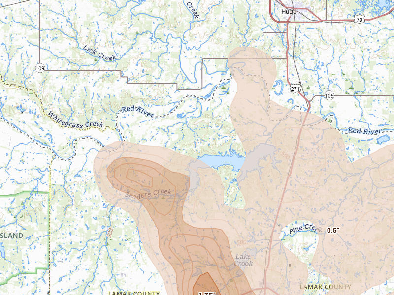 Radar-estimated hail-size map of the storm over Arthur City, TX on Jun 23, 2026