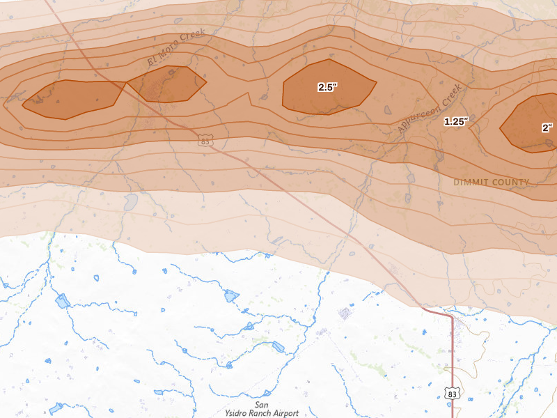 Radar-estimated hail-size map of the storm over Asherton, TX on Apr 30, 2026