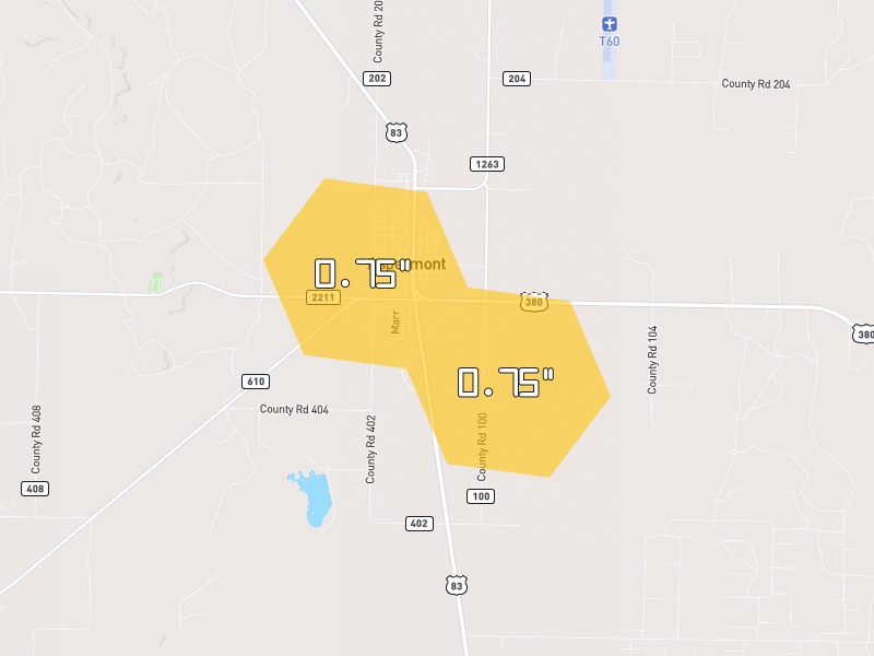 Hail map of Aspermont, TX on Jun 5, 2026, hail up to 0.75"