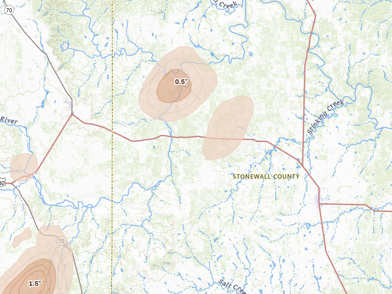 Radar-estimated hail-size map of the storm over Aspermont, TX on Jul 5, 2026