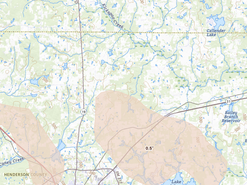 Radar-estimated hail-size map of the storm over Athens, TX on Apr 18, 2026