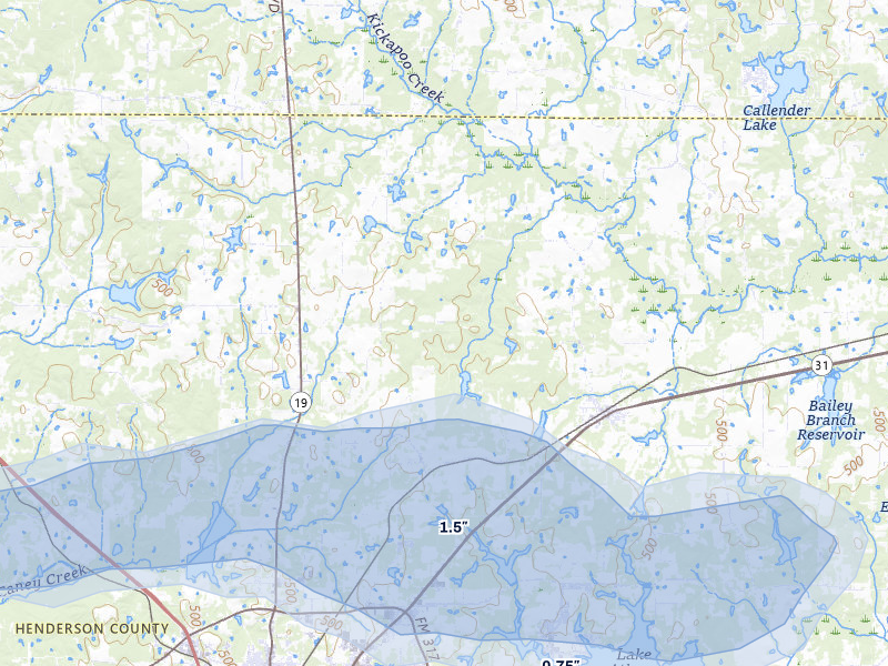 NEXRAD radar-signature map of the hail over Athens, TX