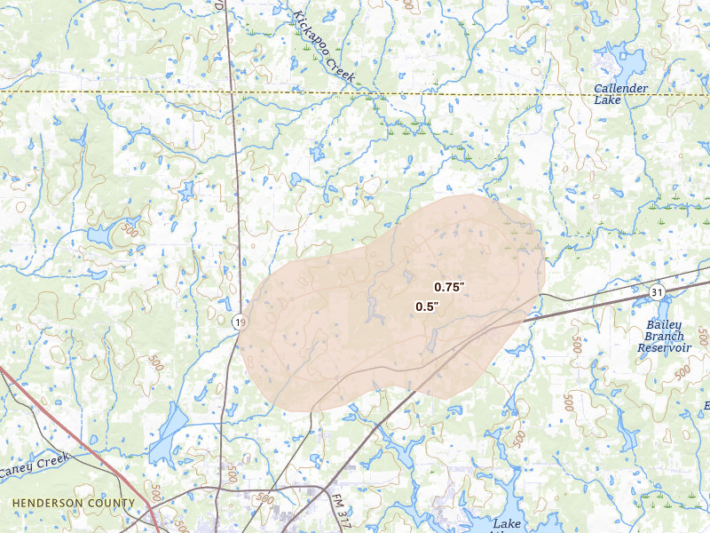Radar-estimated hail-size map of the storm over Athens, TX on Jun 2, 2026