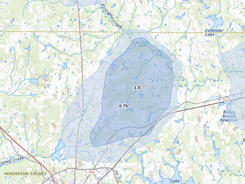 NEXRAD radar-signature map of the hail over Athens, TX