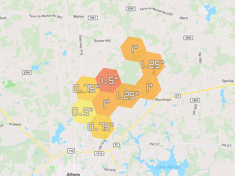 Hail map of Athens, TX on Jun 2, 2026, hail up to 1.5"