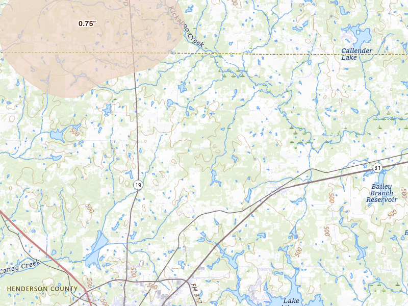 Radar-estimated hail-size map of the storm over Athens, TX on Jul 5, 2026