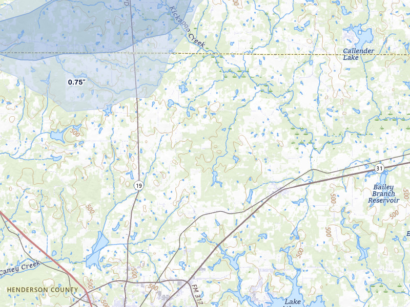 NEXRAD radar-signature map of the hail storm over Athens, TX on Jul 5, 2026