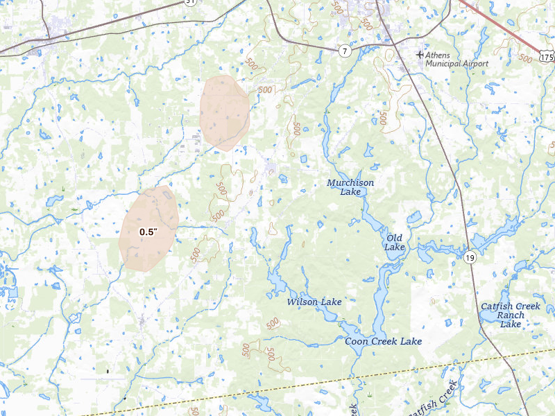 Radar-estimated hail-size map of the storm over Athens, TX on Aug 8, 2026