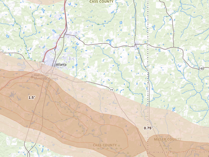 Radar-estimated hail-size map of the storm over Atlanta, TX on Apr 29, 2026