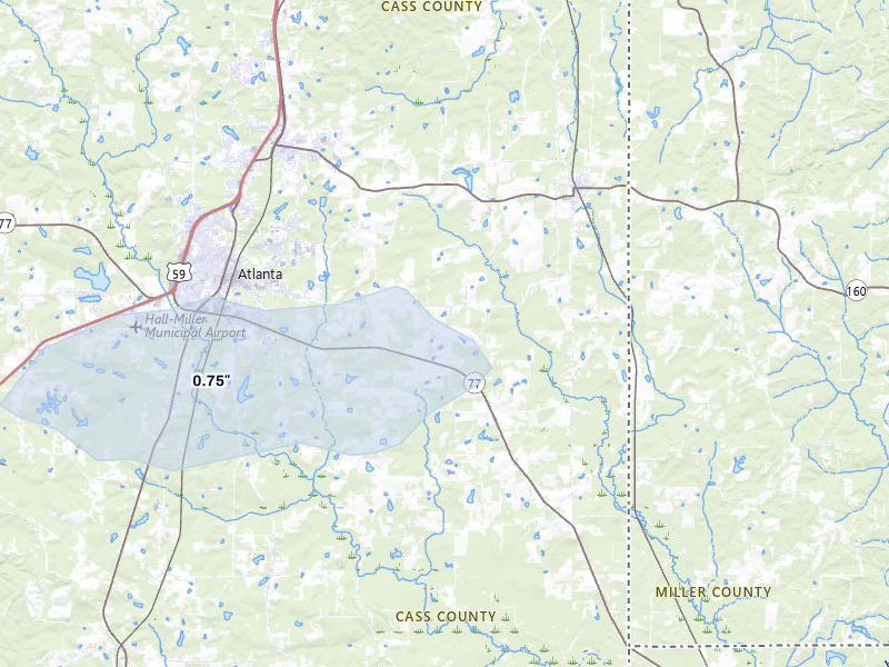 NEXRAD radar-signature map of the hail storm over Atlanta, TX on May 8, 2026