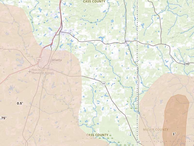 Radar-estimated hail-size map of the storm over Atlanta, TX on Jun 22, 2026