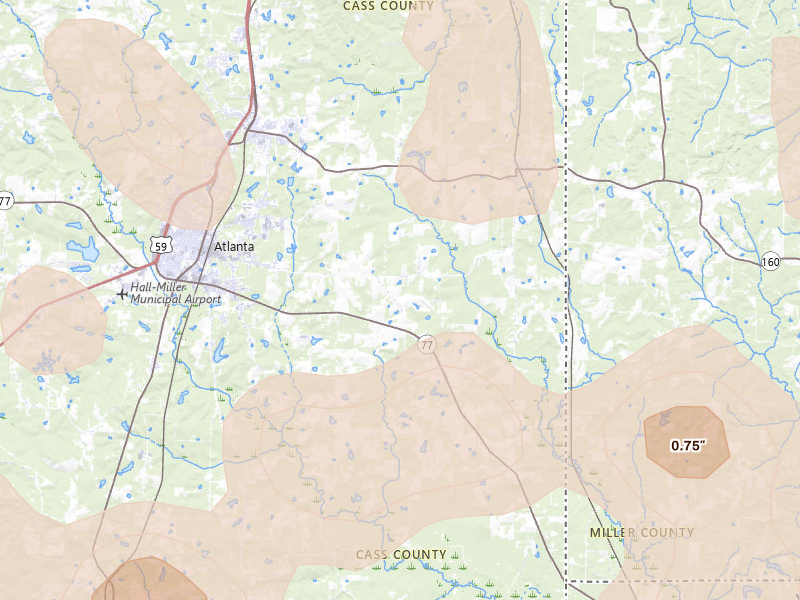 Radar-estimated hail-size map of the storm over Atlanta, TX on Jul 6, 2026