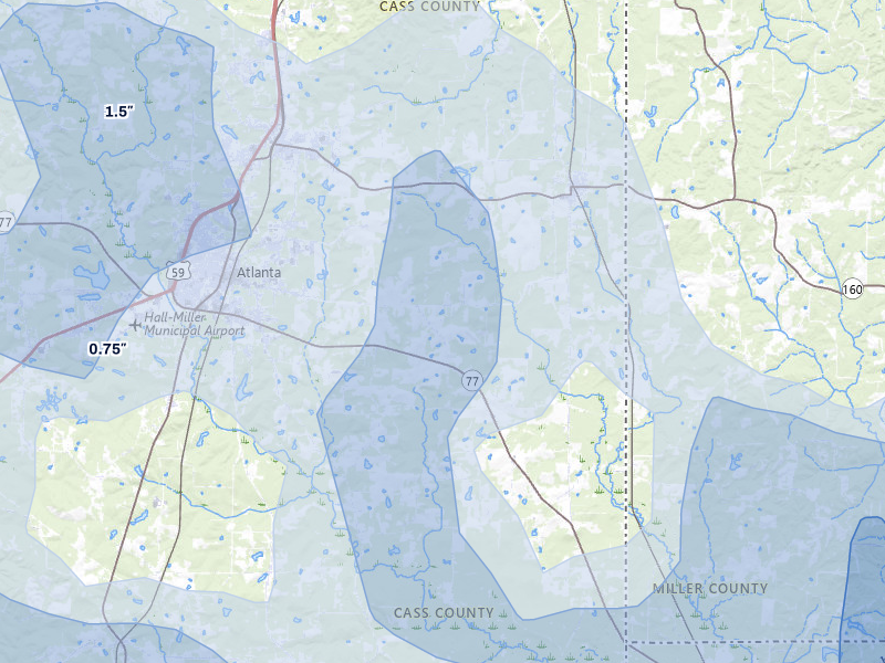 NEXRAD radar-signature map of the hail storm over Atlanta, TX on Jul 6, 2026