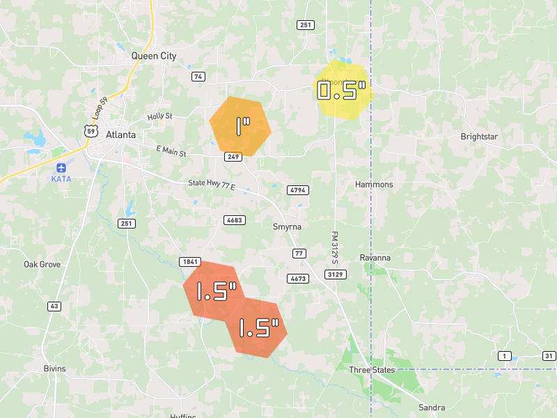 Hail map of Atlanta, TX on Jul 6, 2026, hail up to 1.5"
