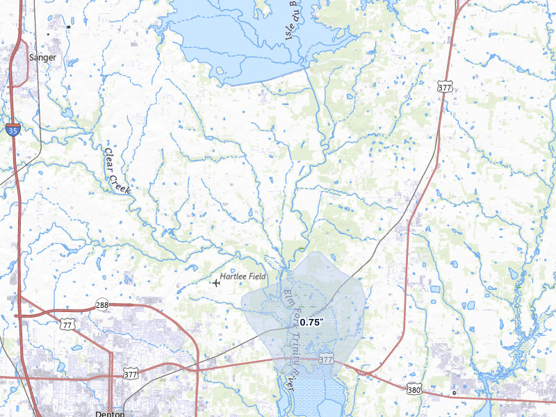NEXRAD radar-signature map of the hail storm over Aubrey, TX on Mar 7, 2026