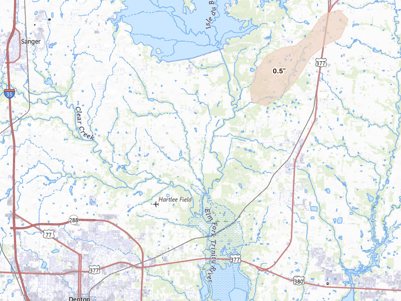 Radar-estimated hail-size map of the storm over Aubrey, TX on Apr 15, 2026