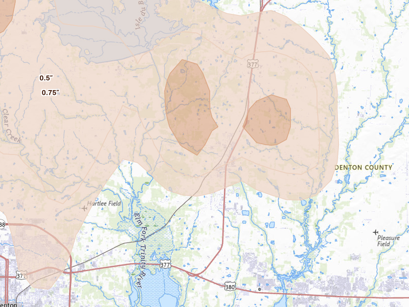 Radar-estimated hail-size map of the storm over Aubrey, TX on May 19, 2026