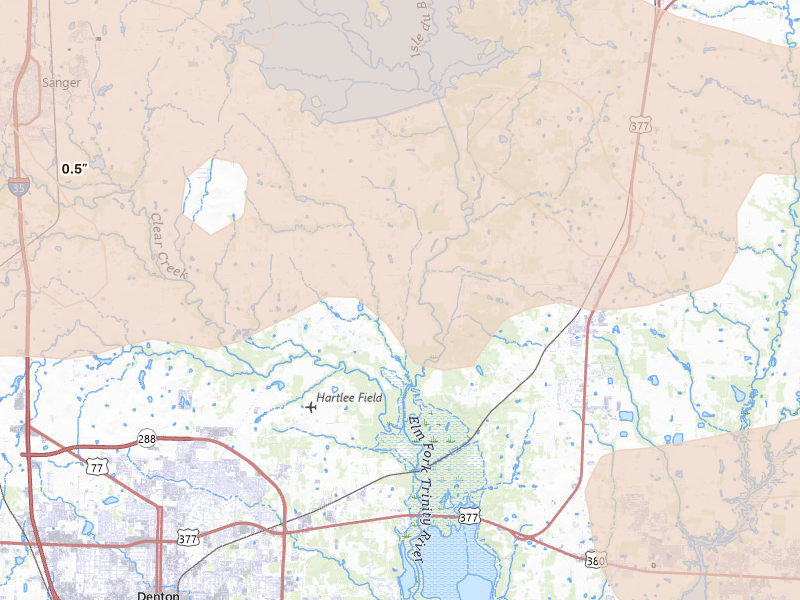 Radar-estimated hail-size map of the storm over Aubrey, TX on Jun 18, 2026