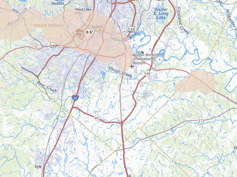 Radar-estimated hail-size map of the storm over Austin, TX on Apr 30, 2026