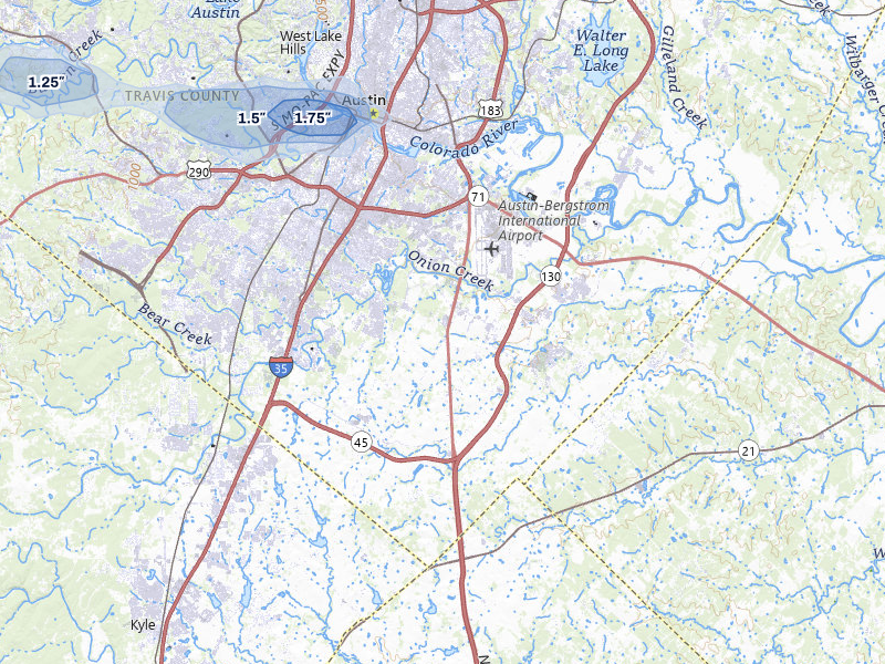 NEXRAD radar-signature map of the hail over Austin, TX