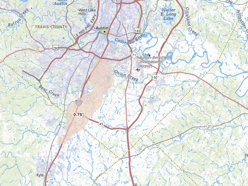 Radar-estimated hail-size map of the storm over Austin, TX on May 9, 2026