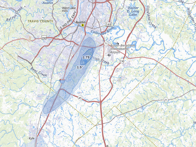 NEXRAD radar-signature map of the hail over Austin, TX