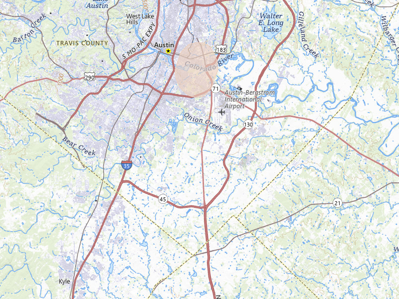 Radar-estimated hail-size map of the storm over Austin, TX on May 19, 2026