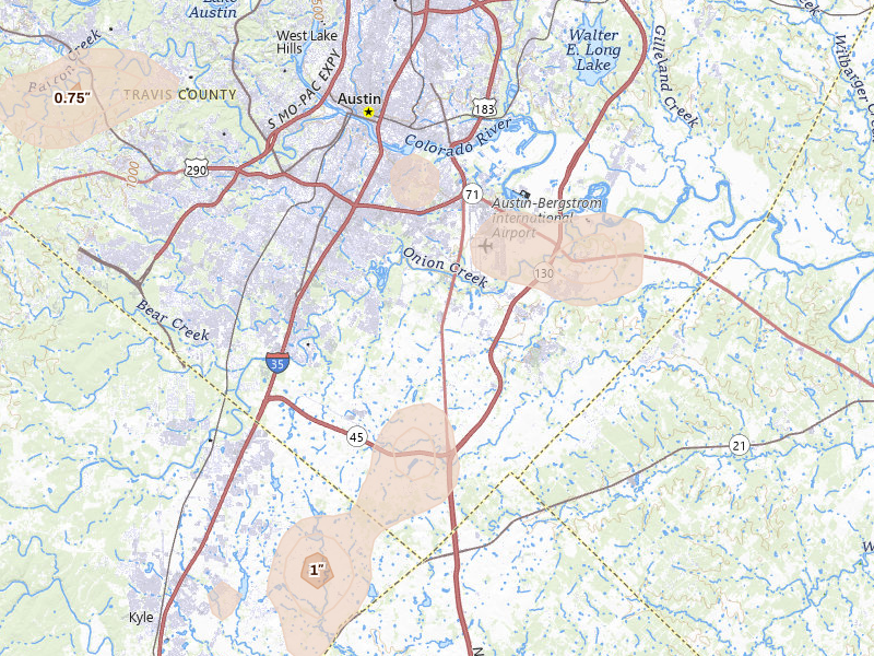 Radar-estimated hail-size map of the storm over Austin, TX on Jun 2, 2026