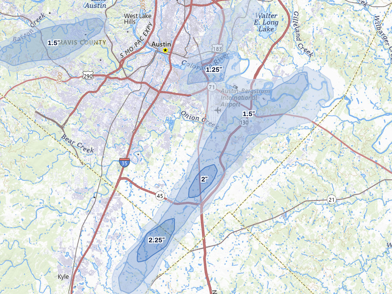 NEXRAD radar-signature map of the hail over Austin, TX