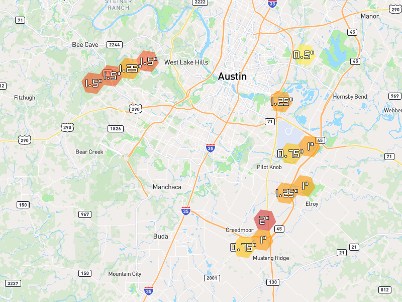 Hail map of Austin, TX on Jun 3, 2026, hail up to 2"