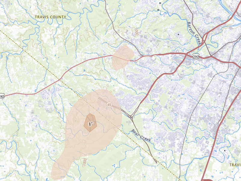 Radar-estimated hail-size map of the storm over Austin, TX on Aug 27, 2026