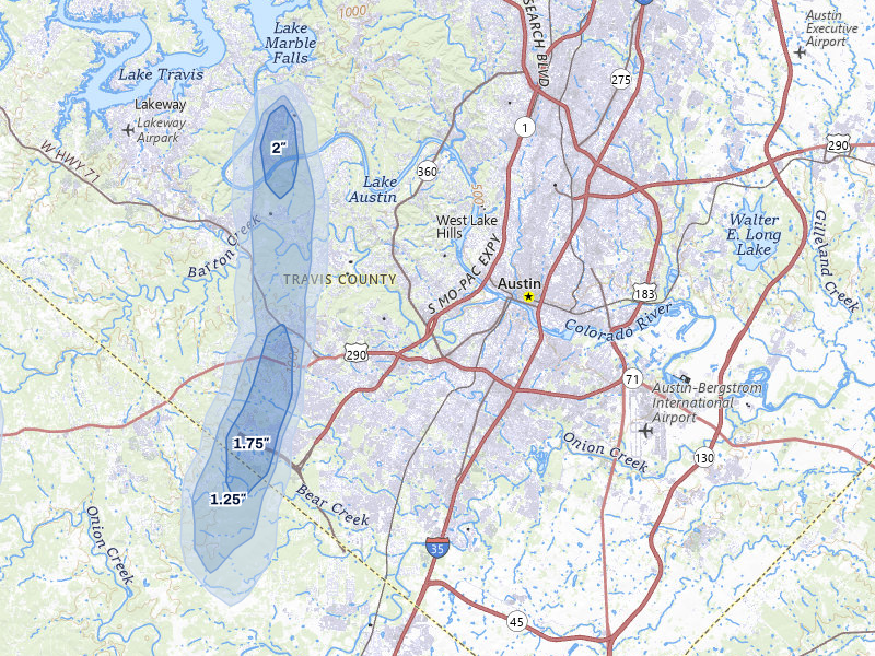 NEXRAD radar-signature map of the hail storm over Austin, TX on Aug 27, 2026