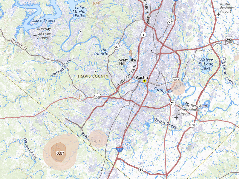 Radar-estimated hail-size map of the storm over Austin, TX on Aug 28, 2026