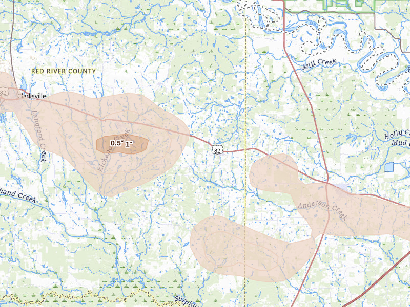 Radar-estimated hail-size map of the storm over Avery, TX on May 9, 2026