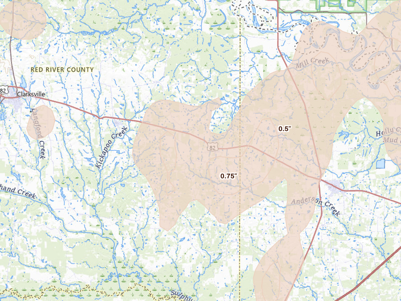 Radar-estimated hail-size map of the storm over Avery, TX on Jun 19, 2026
