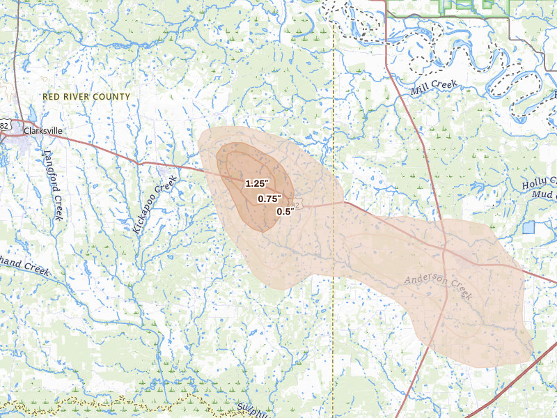 Radar-estimated hail-size map of the storm over Avery, TX on Jun 22, 2026