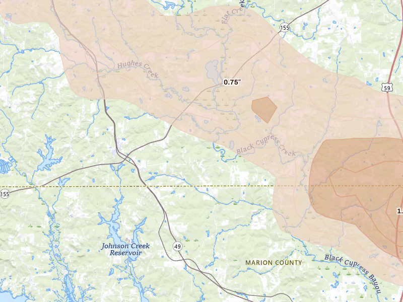 Radar-estimated hail-size map of the storm over Avinger, TX on Mar 15, 2026