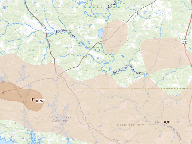 Radar-estimated hail-size map of the storm over Avinger, TX on Apr 29, 2026