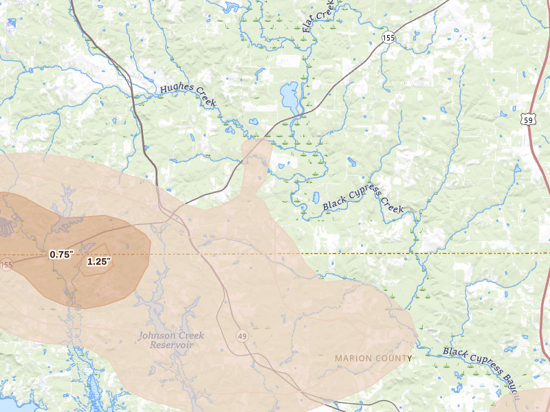 Radar-estimated hail-size map of the storm over Avinger, TX on May 8, 2026