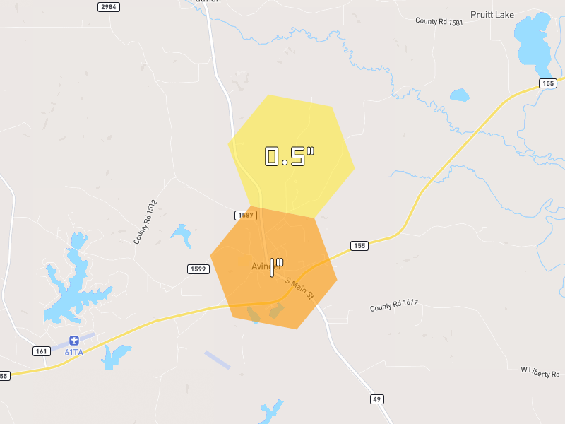 Hail map of Avinger, TX on Jul 4, 2026, hail up to 1"