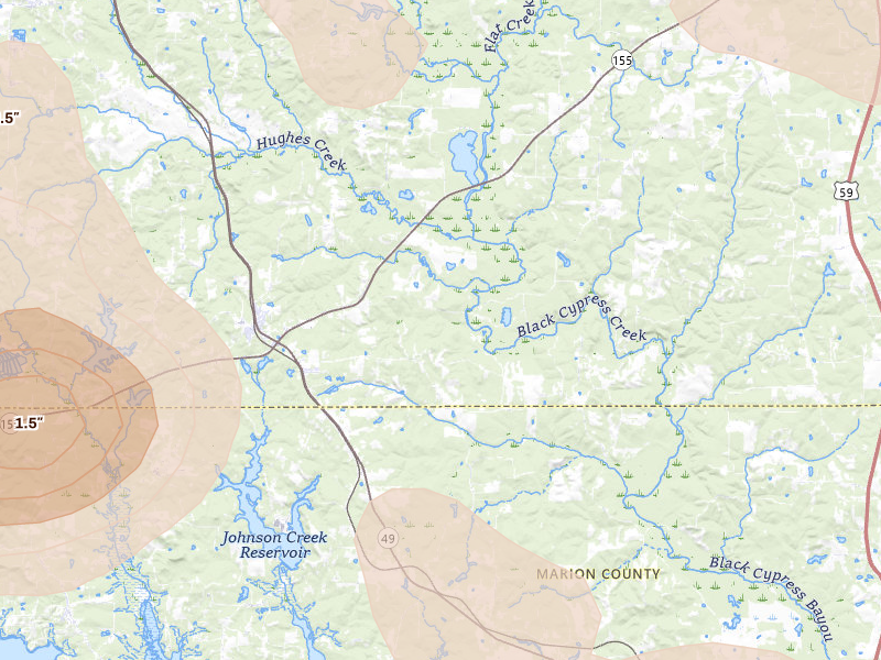 Radar-estimated hail-size map of the storm over Avinger, TX on Jul 6, 2026